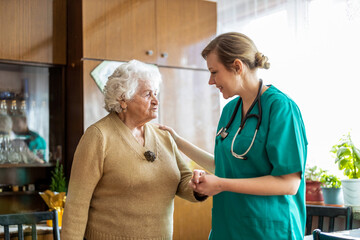 Health visitor talking to a senior woman during home visit
