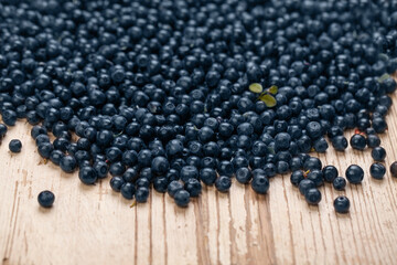 Fototapeta na wymiar Blueberries on white vintage rustic wooden board. Organic berries, healthy eating background