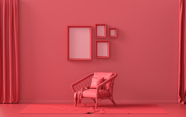 Interior room in plain monochrome dark red, maroon color, 4 frames on the wall with single chair, without plant, for poster presentation, Gallery wall. 3D rendering