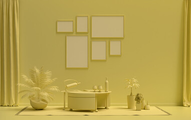 Poster frame background room in flat light yellow color with 6 frames on the wall, solid monochrome background for gallery wall mockup, 3d rendering