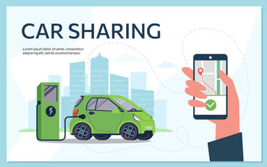 Car sharing. The electric car charges the battery using the charging station, order the car through the app. Vector illustration in a flat style on a white background.