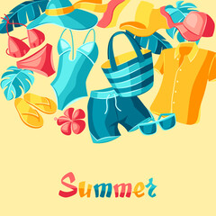 Background with beachwear and swimwear. Summer clothes and accessories.