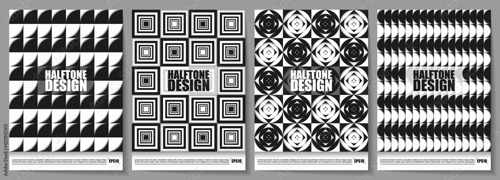 Poster eps10 set of a4 covers with geometric shapes on halftone. easy to adapt to your project. perfect for