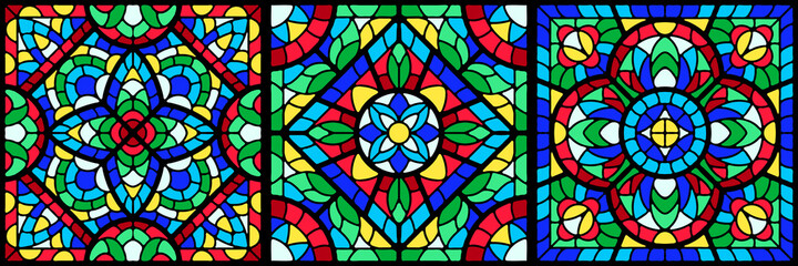 Stained-glass window with colored piece. Decorative ceramic tile pattern.