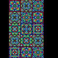 Stained-glass window with colored piece. Decorative ceramic tile pattern.