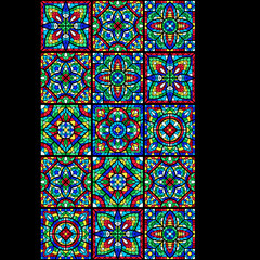 Stained-glass window with colored piece. Decorative ceramic tile pattern.