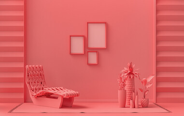 Gallery wall with three frames, in monochrome flat single light pink, pinkish orange color room with meditation bed and plants,  3d Rendering