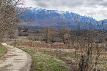 Fototapeta na wymiar Rural path and mountain Suva Planina covered with snow on an early spring day