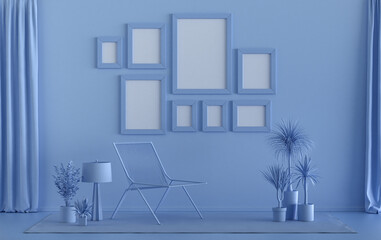 Minimalist living room interior in flat single pastel light blue color with 8 frames on the wall and furnitures and plants, in the room, 3d Rendering