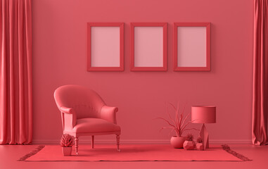 Gallery wall with three frames, in monochrome flat single dark red, maroon color room with furnitures and plants,  3d Rendering