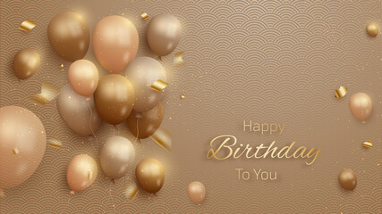 Happy birthday card with luxury balloons and ribbon. 3d realistic style. vector illustration for design.