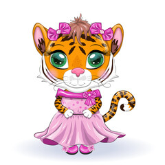 Cute cartoon tiger girl with beautiful eyes in a dress. Chinese New Year 2022, Christmas Year of the Tiger
