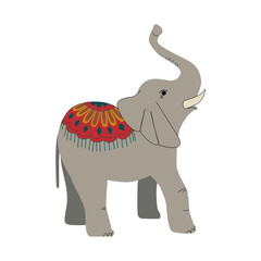 Elephant with ornament cape vector illustration. Symbol of good luck, fortune and wealth. Mammal wild animal.