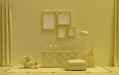 Interior room in plain monochrome light yellow color, 4 frames on the wall with furnitures and plants, for poster presentation, Gallery wall. 3D rendering