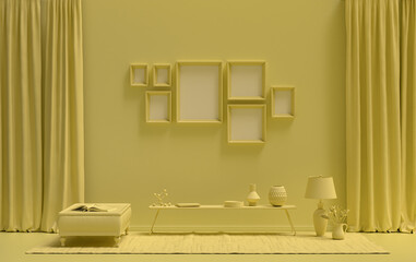 Obraz na płótnie Canvas Minimalist living room interior in flat single pastel light yellow color with seven frames on the wall and furnitures and plants, in the room, 3d Rendering