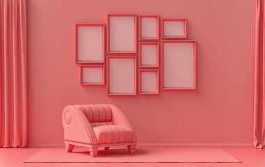 Modern interior flat light pink, pinkish orange color room with single chair, without plant, gallery wall template with 9 frames on the wall for poster presentation, 3d Rendering