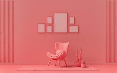 Wall mockup with six frames in solid flat  pastel light pink, pinkish orange color, monochrome interior modern living room with single chair and plants, 3d rendering