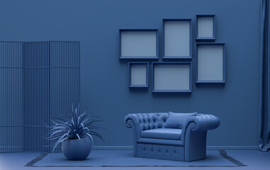 Wall mockup with six frames in solid flat  pastel dark blue color, monochrome interior modern living room with single chair and plants, 3d rendering