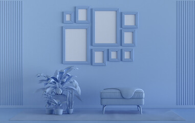 Modern interior flat light blue color room with single chair and plants, gallery wall template with 9 frames on the wall for poster presentation, 3d Rendering