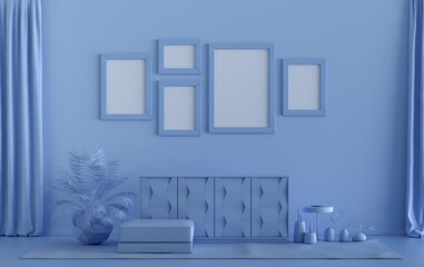 Single color monochrome light blue color interior room with furnitures and plants,  5 poster frames on the wall, 3D rendering