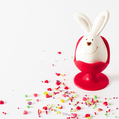 Easter bunny on white background. Minimum Easter holiday concept. copy space, close-up
