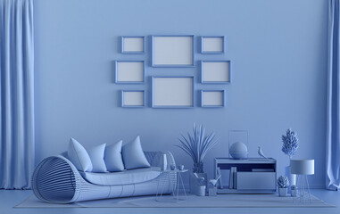 Minimalist living room interior in flat single pastel light blue color with 8 frames on the wall and furnitures and plants, in the room, 3d Rendering