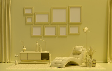 Modern interior flat light yellow color room with a meditation bed, furnitures and plants, gallery wall template with 9 frames on the wall for poster presentation, 3d Rendering