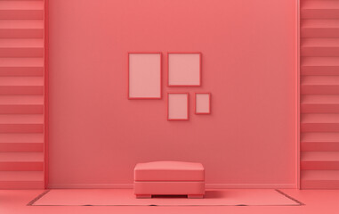 Interior room in plain monochrome light pink, pinkish orange color, 4 frames on the wall with middle ottoman puff without plants, for poster presentation, Gallery wall. 3D rendering