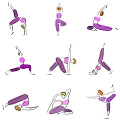 Young woman doing yoga one stroke drawing set, standing asana, simple vector illustration