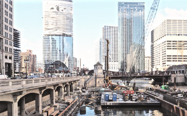 Cityscape view of Illinois downtown district with skyscrapers and Tower, Chicago river walk. 