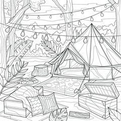 Tent in the forest with lanterns. Camping.Coloring book antistress for children and adults. Illustration isolated on white background.Zen-tangle style. Hand draw