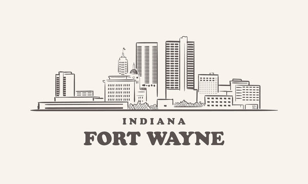 Fort Wayne Skyline, Indiana Drawn Sketch