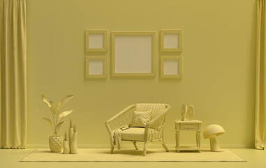 Fototapeta premium Flat color interior room for poster showcase with 5 frames on the wall, monochrome light yellow color gallery wall with furnitures and plants. 3D rendering