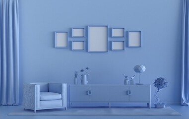 Fototapeta na wymiar Mock-up poster gallery wall with 7 frames in solid pastel light blue room with furnitures and plants, 3d Rendering