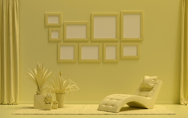 Modern interior flat light yellow color room with meditation bed and plants, gallery wall template with 9 frames on the wall for poster presentation, 3d Rendering