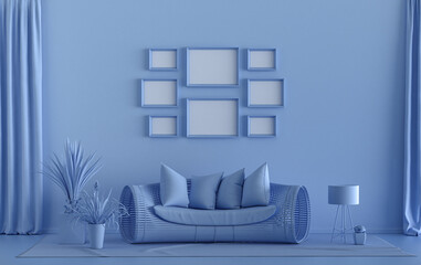 Minimalist living room interior in flat single pastel light blue color with 8 frames on the wall and furnitures and plants, in the room, 3d Rendering