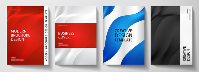 Modern cover design set.  Abstract wavy line pattern (guilloche curves) in red, blue, black, white color. Creative stripe vector layout for business background, certificate, brochure template, booklet