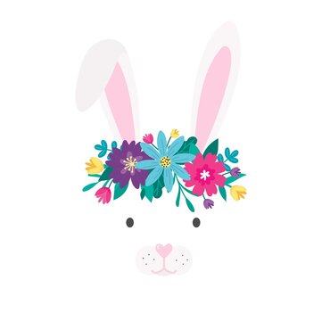 Cute bunny head with floral wreath in cartoon style. Lovely rabbit with crown made of flowers vector illustration. Flat character for nursery, wallpaper, poster, print, baby shower or Birthday card.