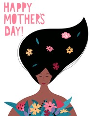 Happy Mothers day banner or greeting card template with beautiful woman holding flowers in cartoon style. Mother's Day typography design in flat style, Vector illustration.