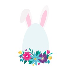 Happy Easter colorful design template with hand drawn bunny ears, flowers and lettering. Cartoon style spring holiday vector illustration. Easter day banner template with flowers, eggs and rabbit ears