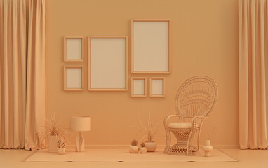Wall mockup with six frames in solid flat  pastel orange pinkish color, monochrome interior modern living room with furnitures and plants, 3d rendering