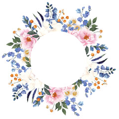 Watercolor frame with wildflower, leaves and herbs, meadow floral. Isolated on white background