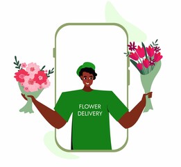 Receiving Blooming Plants in Wrapping from Man Courier Worker. Flower Bouquet Delivery Service Advertisement.
