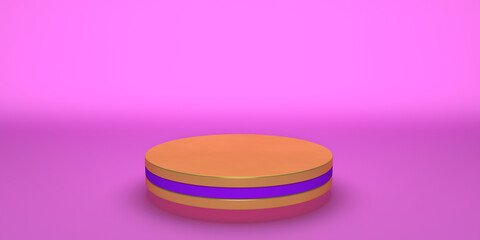 Golden product stand futuristic or podium pedestal on empty display with pink pastel backdrops. 3D rendering.