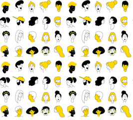 Decorative diverse women men head seamless pattern background. Multiethnic gruop