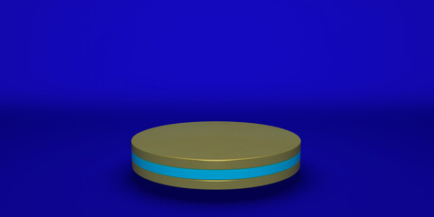Golden product stand futuristic or podium pedestal on empty display with blue backdrops. 3D rendering.