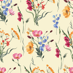 Seamless pattern with watercolor hand draw meadow, wildflowers, herbs, leaves, isolated on colored background