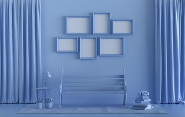 Poster frame background room in flat light blue color with 6 frames and a park bench on the wall, solid monochrome background for gallery wall mockup, 3d rendering