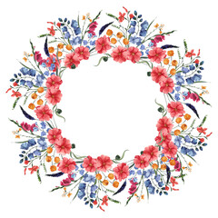 Watercolor wreath with meadow flowers, herbs, leaves, isolated on white background