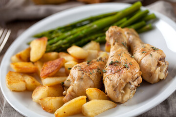 Roast chicken with potatoes and asparagus. High quality photo.